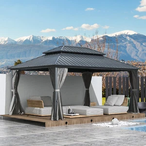 Domi 12’ x 16’ Hardtop Gazebo Outdoor Aluminum Gazebo w/Netting & Curtains, Gray - Picture 1 of 9