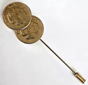 Vintage Gold Tone Double Faux Alexander The Great Coin Stick Pin 3-5/16" - Picture 1 of 5