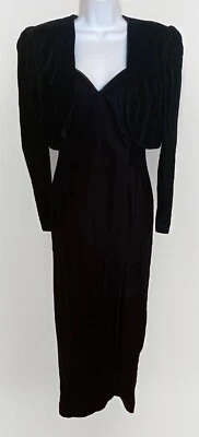 Black Velvet High Slit Long Evening Gown Dress with Jacket - Size 7/8 Medium - Image 1 of 4