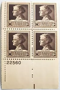 US STAMP 1933 10 CENTS SCOTT # 878, PLATE BLOCK OF 4, JANE ADDAMS, MNH/XF/OG - Picture 1 of 2