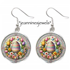Easter Egg Earrings Spring Flowers EARRINGS Silver Charm Dangle Easter Gift - Picture 1 of 13