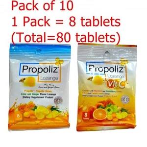 Pack of 10 x 8 Tablets Propoliz Lozenge Relieves Sore Throat, Throat Irritation - Picture 1 of 11