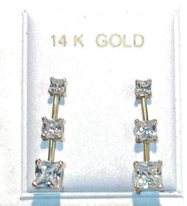 New 14kt Yellow Gold PAST-PRESENT-FUTURE Princess Cut Earrings - Picture 1 of 2