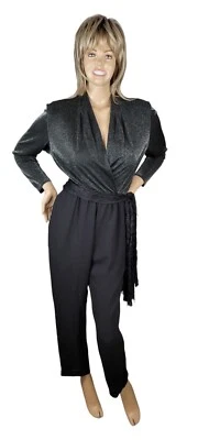 Mono vintage años 80 Joan Walters plateado metálico y negro mameluco bolsillos talla 8 Foto 1 de 4