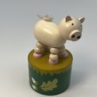 Vintage Wooden Pink Pig Piggy Push Button Puppet Movable Jointed Push-Up Toy