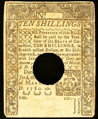 Connecticut Colonial Currency March 1, 1780 10s - VERY BRIGHT AND VIVID - CHOICE - Image 1 of 2