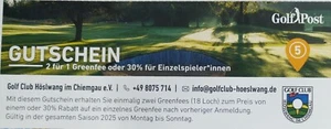 2 für 1 Greenfee-Gutschein Golf Club Höslwang / Golf Post Kalender 2025 Mo-So - Bild 1 von 3