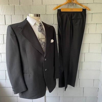 70s Vintage Roos/Atkins Shiny Black Polyester 2pc 2 Button Suit + Great Lining! - Image 1 of 4