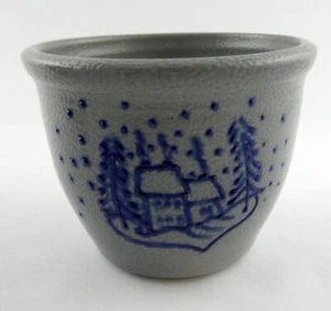 Eldreth Pottery Planter Cabin in the Snow Design Signed 2003 Gray and Blue - Picture 1 of 10