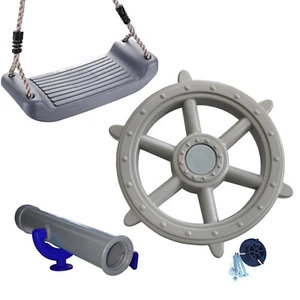 großes Spielturm Set mit XXL Schiffslenkrad Schaukelsitz Teleskop Fernrohr grau - Bild 1 von 9