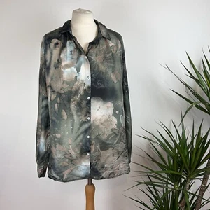 Benetton Silk Shirt Blouse Long UK L Khaki Green Arty Long Sleeve - Picture 1 of 11