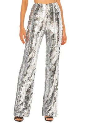 Pantalones Michael Costello x REVOLVE Hugh Plateados Lentejuelas Metálicos Acampanados Pierna NUEVO Pequeños Foto 1 de 4