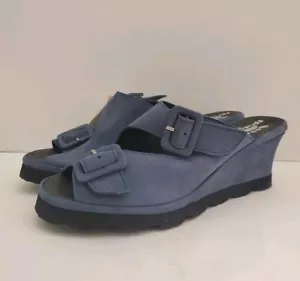 Spring Step Sandals Slides Women Size 36 US 5.5 Blue Leather Wedge Heels Buckle - Picture 1 of 8