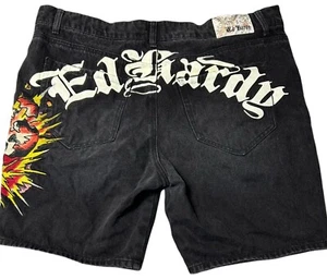 Ed Hardy Jean Shorts Jorts Mens 38 Embroidered Skull Fire Flame Spellout 90’s - Picture 1 of 16