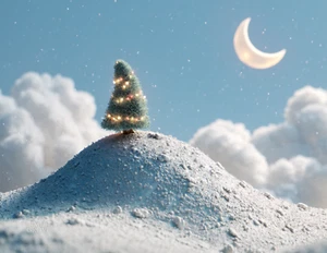 Weihnachtsbaum Postkarte Mondsichel verschneite Tonmation Szene 5,5x4,25" - Bild 1 von 2