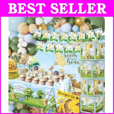 Encantadoras 159 peças decorações de chá de bebê Winnie the Pooh com pano de fundo e muito mais - Imagem 1 de 4