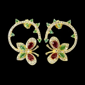 Summer 925 Sterling Silver Earrings Pear Ruby Emerald Natural Gemstone Butterfly - Picture 1 of 13