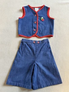 Vintage Girls Denim Strawberry Patch Vest and Shorts Set Size 6 Stoneswear 1960s - Picture 1 of 14