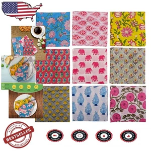 Set of 10 Eco-Friendly Cotton Napkins, 16x16" Indian Hand Block Print Floral - Picture 1 of 8