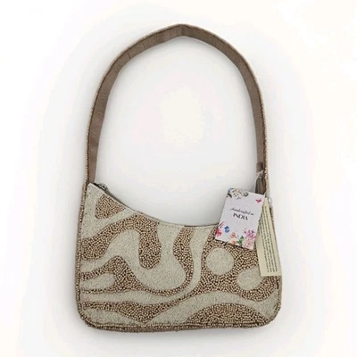 Bolso de Hombro Asimétrico con Cuentas, Cartera, Tostado y Marfil, Nuevo con Etiquetas, Hecho a Mano en India Foto 1 de 4