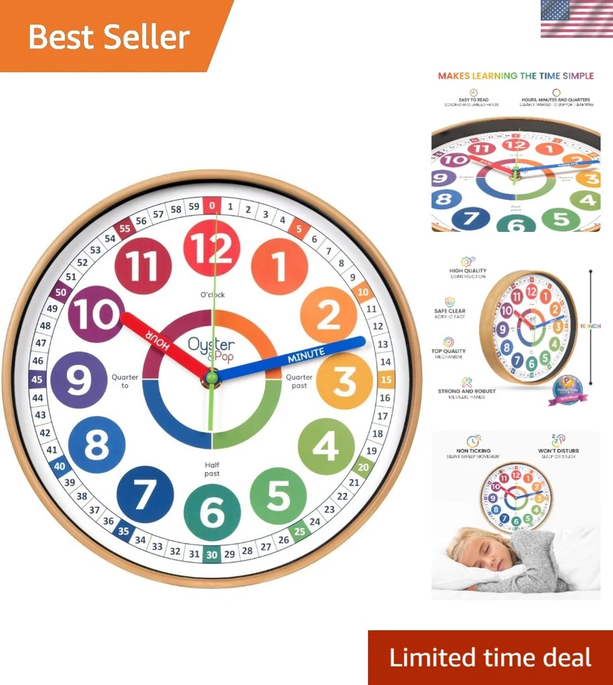 Reloj de aprendizaje silencioso para niños de 10 pulgadas - Divertido diseño analógico para aulas y dormitorios Foto 1 de 4