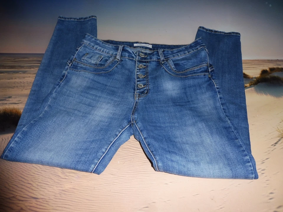 Karostar Size M / 38 stretch Weite 40 cm L 97 cm Knopfleiste Jeans Hose blau - Bild 1 von 4