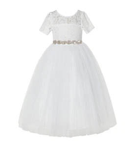 Floral Lace Flower Girl Dress Communion Dress Rhinestone Vintage Lace Dresses - Picture 1 of 21