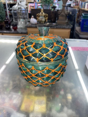 Pineapple Shaped Basket Jar, Vintage Woven Bamboo Canister w/ Lid Green & Orange Cover