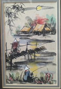 Vintage Mid-century Asian Themed Watercolor & Ink Painting W/Artist Stamp - Picture 1 of 5