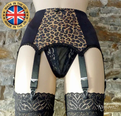 6 cinturini Cintura Sospensiva Lussa Leopardata & Nera (cintura Giarrettiera) NYLONZ UK