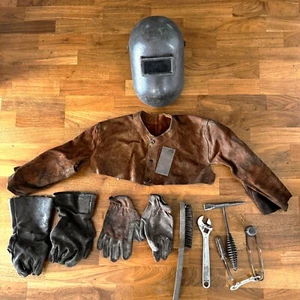 WELDERS LEATHER OUTFIT HELMET GLOVES JACKET TOOLS LOT - Picture 1 of 12