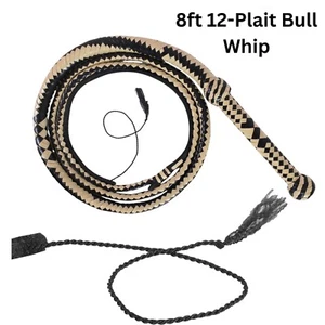 Genuine Leather 8ft 12-Plait Bullwhip - Black & Off-White Heavy Duty Whip - Picture 1 of 5