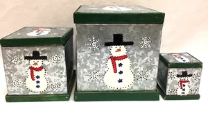 Snowman Nesting Boxes Square Empty Metal Painted Wood Trim With Lids Set of 3 - Picture 1 of 9