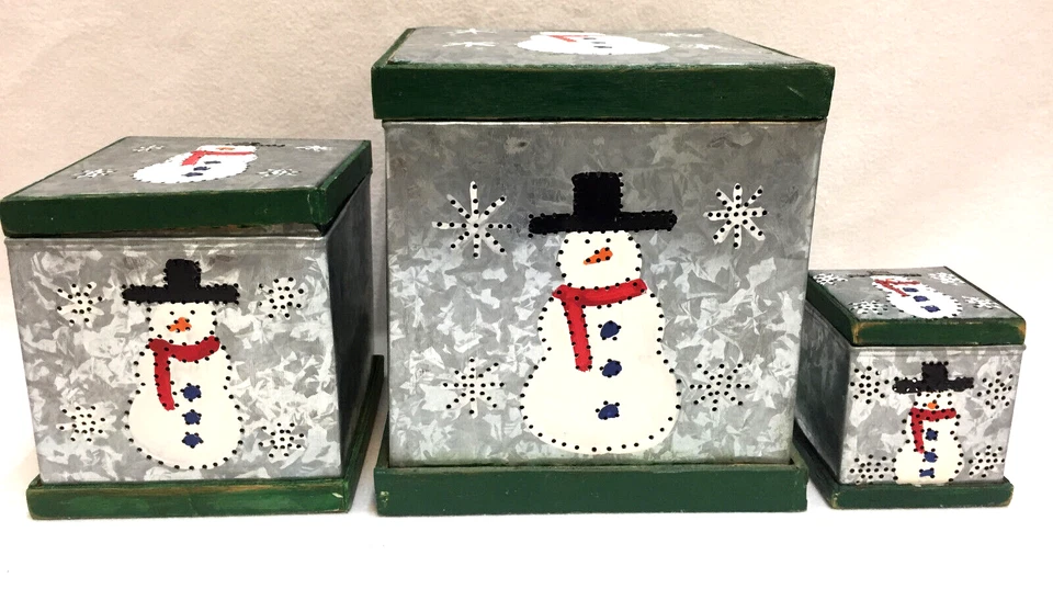 Snowman Nesting Boxes Square Empty Metal Painted Wood Trim With Lids Set of 3 - Image 1 of 4