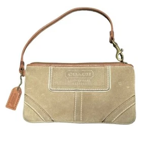 Coach Leather Suede Wristlet Clutch Small Handbag Beige Tan with Brown Trim EUC - Picture 1 of 11