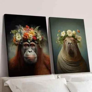 2pcs Floral Monkey Animal Decorative Paintings Wall Art Canvas Unframed - Picture 1 of 7