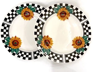 SUNNY by Tabletops Unlimited Sunflowers Black Checkered Border 2 Dinner Plates - Picture 1 of 5
