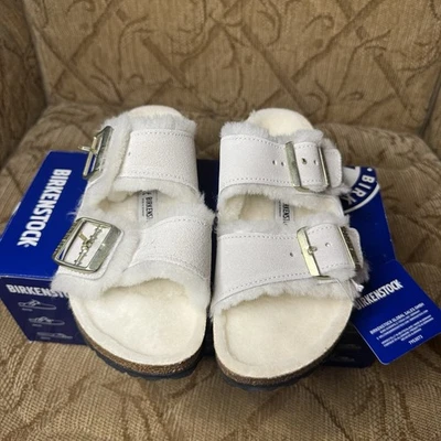 Sandalias Birkenstock Arizona de piel de oveja blancas antiguas EU 37 US L 6 ajuste estrecho nuevas en caja Foto 1 de 4