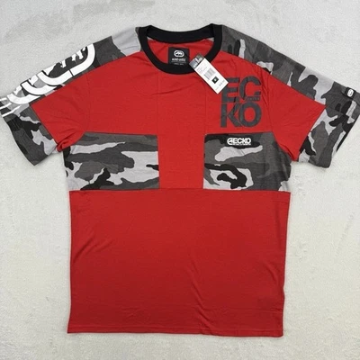 Camisa Ecko Unltd Para Hombres Roja Camuflada Patchwork Gráfico Camiseta Ropa de Calle Mediana Foto 1 de 4