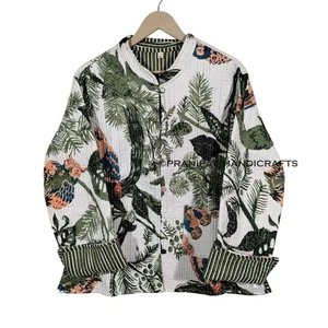 Women Owl Bird Print Cotton Quilted Hippie Outwear Green Biker Boho Jacket Short - Picture 1 of 9
