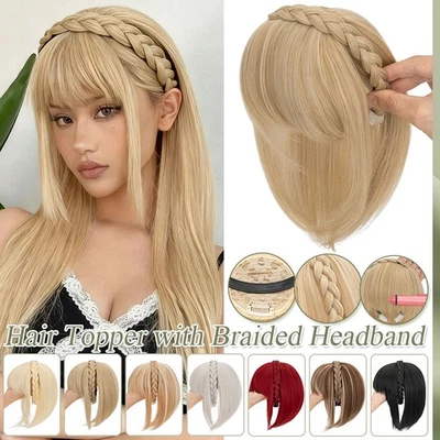 100% REAL Natural AS Human Headband Fringe Bangs Clip In Topper Hair Extensions - Image 1 of 4