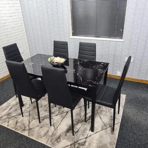 6 Seat Black Marble Effect Glass Dining Table & 6 Chairs Modern Set - Picture 1 of 12