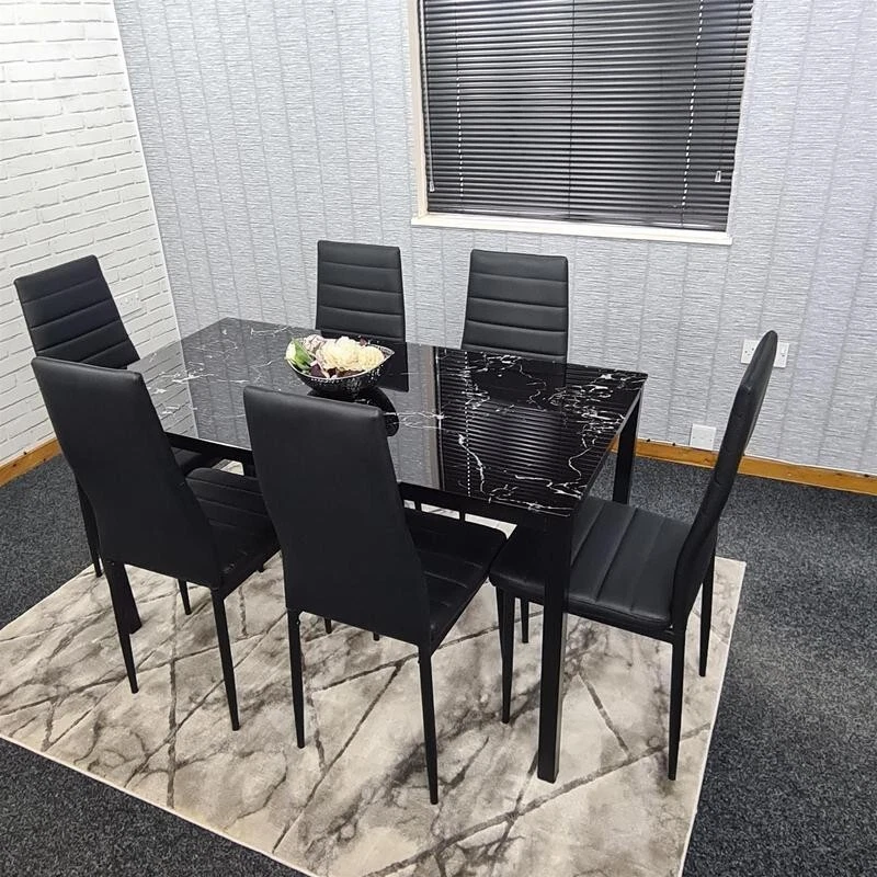 6 Seat Black Marble Effect Glass Dining Table & 6 Chairs Modern Set - Image 1 of 4