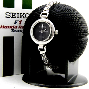 NEW SEIKO 925 STERLING SILVER BLACK DIAL QUARTZ CZ BRACELET WOMEN'S WATCH - Picture 1 of 21