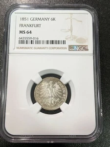 1851 MS64 Germany Frankfurt Am Main Silver 6 Kreuzer KM 335 NGC 2 Graded Higher - Picture 1 of 2