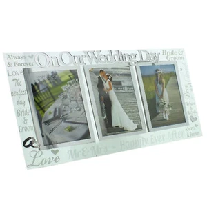 Glass Triple Photo Frame with Mirror and Glitter Detail - "On Our Wedding Day" - Picture 1 of 3