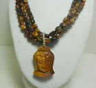Tiger Eye Bead Necklace with Carved Tiger Eye Buddha Head Drop Sterling Chain