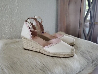 Kate Spade Cream Canvas Espadrille Wedge Scalloped Leather Trim Braided Heel 6.5 - Image 1 of 4