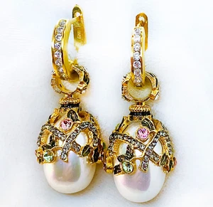 925 Sterling White Pearl Faberge Egg Earrings Enamel Swarovski Crystals Hoops - Picture 1 of 22