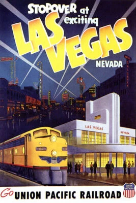 STOPOVER EXCITING LAS VEGAS NEVADA RAILROAD TRAIN TRAVEL VINTAGE POSTER REPRO - Image 1 of 3